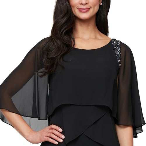 Image of S.L. Fashions Women's Tiered Chiffon Cocktail Party Dress with Attached Cape & Beaded Shoulders (Petite and Regular Sizes)