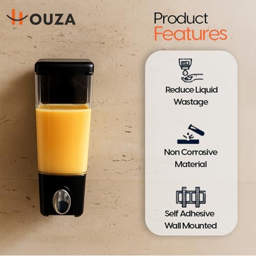 Image of HOUZA Wall Mounted Liquid Soap Dispenser for Wash Basin & Kitchen Sink | Refillable Shampoo, Conditioner, Sanitizer, Hand Wash Dispenser Bottles | Transparent Liquid Level Indicator (400 ML, Black)