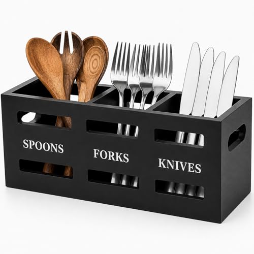 MNILUSED Wooden Cutlery Holder Caddy with 3 Compartments - Elegant Kitchen Utensil Organizer with Handle for Forks, Spoons, and Knives