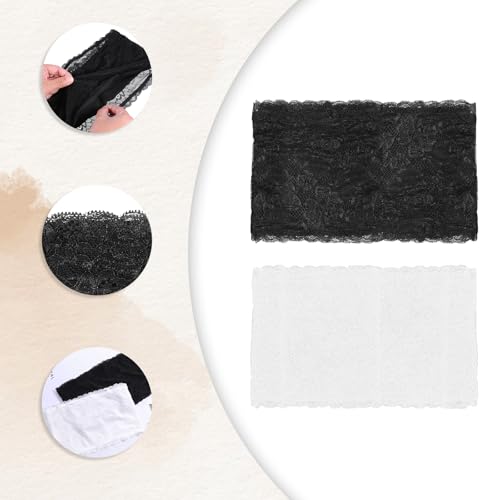 Lace Tube Top Bra, 2 Pcs Strapless Lace Bandeau Bra for Low Cut Dress Front Stretch Bralette for Low Neckline Cleavage Cover (White, Black)3