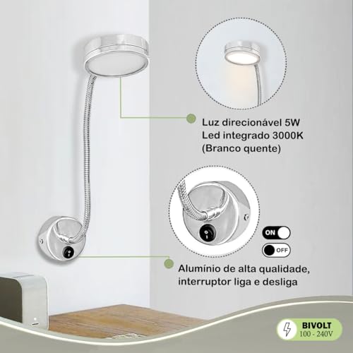 3 Arandela Leitura Direcionável Cabeceira Led 5W 3000K Bet71