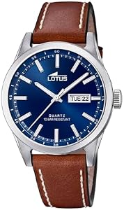 LOTUS Reloj Hombre Analógico de Cuero Marrón - Movimiento de Cuarzo - Calendario - Cristal Mineral de Alta Resistencia - Resistente al Agua 10 ATM Clásico 18671/3