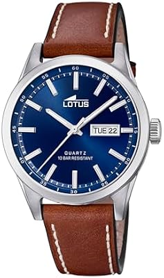 LOTUS Reloj Hombre Analógico de Cuero Marrón - Movimiento de Cuarzo - Calendario - Cristal Mineral de Alta Resistencia - Resistente al Agua 10 ATM Clásico 18671/3