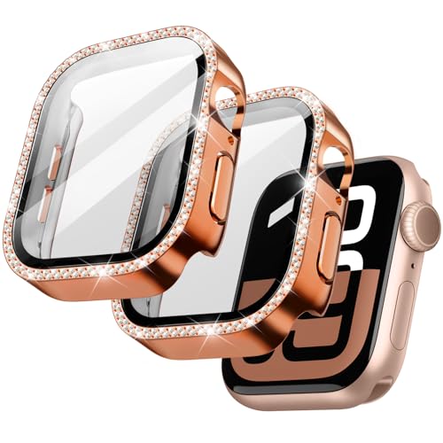 JETech Cover Bling Diamante con Pellicola Protettiva per Apple Watch Series 11/10 46mm, Custodia Protettivo Complessiva, Vetro Temperato Film Incorporato Alta Sensibilità, 2 Pezzi (Rosa Rame Oro)