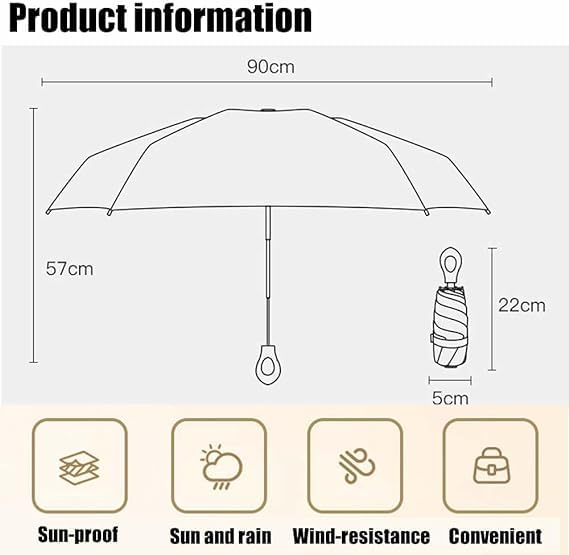 Image of Umbrella, Mini Folding Windproof & Compact UV Umbrella for Sun Protection Rain Windproof Strong Large 3 Fold for Women Handbags,3 Fold for Men Women, Stylish & Compact