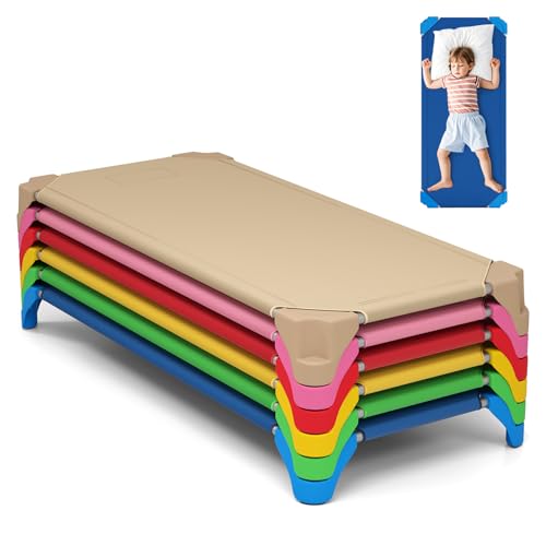 KOTEK Stackable Daycare Cots for Kids, Portable Children Nap Cot, 52 L x 23.5 W, Ready-to-Assemble, Space Saving Toddler Preschool Cots for Sleeping Naptime (6 Pack, Multicolor)