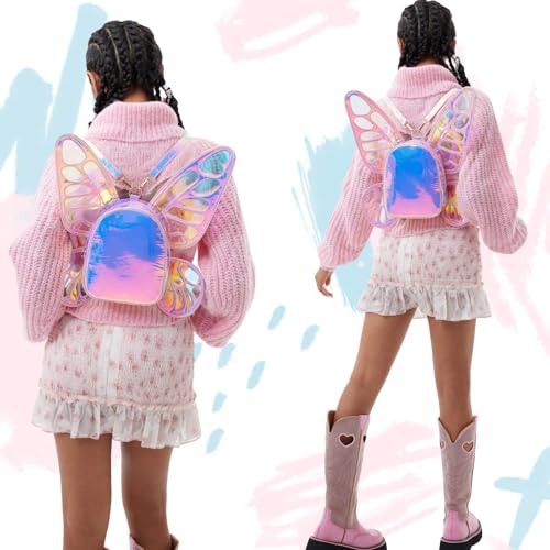Women's Laser Holographic Backpack Butterfly Angel Wings Casual Daypack Shoulder Bag (Laser Pink)2