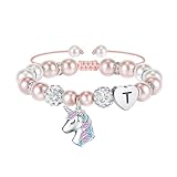 Hidepoo Unicorn Bracelet Gifts - Pink Pearl and Rhinestone Balls Heart Initial T Unicorn Bracelets Rainbow CZ Letter Unicorn Jewelry Birthday Gift