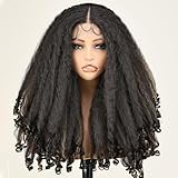 SOKU Afro Curly Lace Front Wig Synthetic Highlights Brown 20 Inch Kinky Straight with Curly Ends Crimp to Curl T Part Transparent Lace Front Wig for Black Women