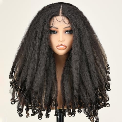 SOKU Afro Curly Lace Front Wig Synthetic Highlights Brown 20 Inch Kinky Straight with Curly Ends Crimp to Curl T Part Transparent Lace Front Wig for Black Women