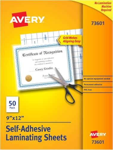 Image of Avery Clear Laminating Sheets, 9 inch x 12 inch, Permanent Self-Adhesive, 50 Self-Laminating Sheets, Great for Protecting Documents, Photos, and Signs More (73601) (Pack of 10)