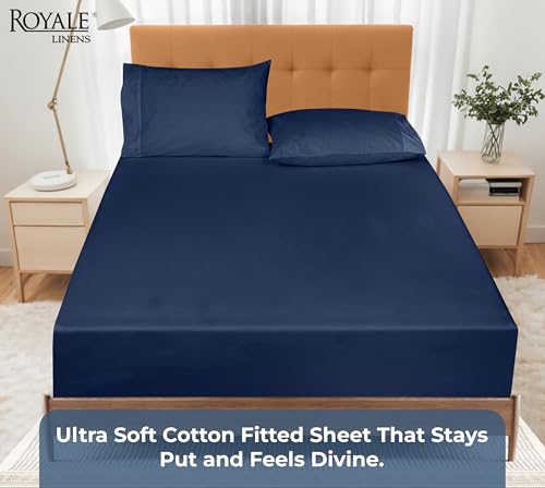 Image of Royale Linens 100% Organic Cotton Fitted Sheet - Percale Weave - Super Soft Deep Pocket Bottom Sheets - Navy Elastic Sheet King Cal Size - California King Fitted Sheets Only - (72 inchx84 inch+15 inch, Navy)