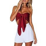 Women Tie Closure Summer Silky Strapless Off Shoulder Bow Tie Bandeau Crop Tube Top (A-Wine Red)