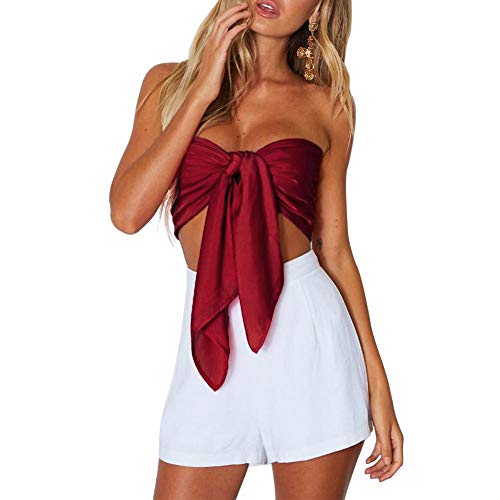 Women Tie Closure Summer Silky Strapless Off Shoulder Bow Tie Bandeau Crop Tube Top (A-Wine Red)
