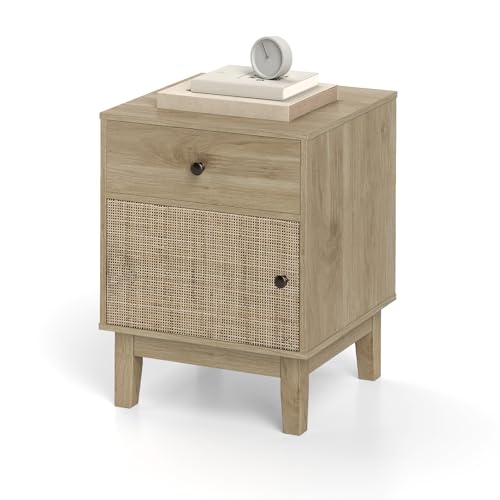 KOMFOTTEU Mesita de Noche para Dormitorio, Mesa Auxiliar con Cajón y Armario con Puerta de Ratán, Mesilla de Noche con Patas de Pino, Mesa Cabecera con Dispositivo Antivuelco, 40x39x55cm (Natural)