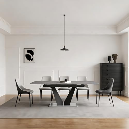79 Extendable Sintered Stone Dining Table, Modern Rectangular Table with V-Shape Carbon Steel Base, Seats 6-8 for Kitchen & Dining Room(1TABEL