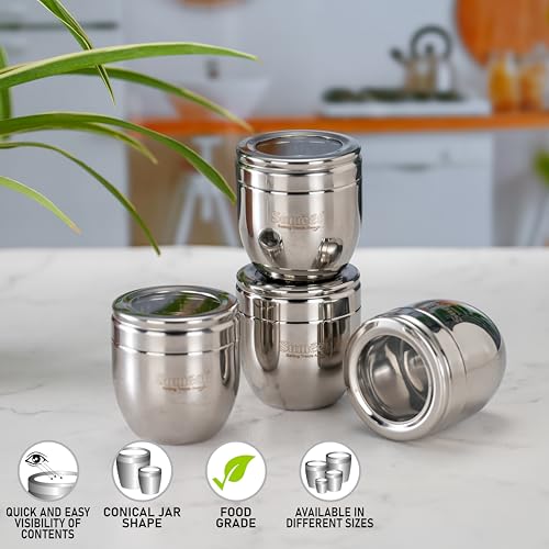 Image of Sumeet Stainless Steel Conical Shape Canisters /Dabba /Storage Containers for Kitchen with See Through Lid, Set of 4 Pcs, 250ml Each, 7cm Dia, Silver