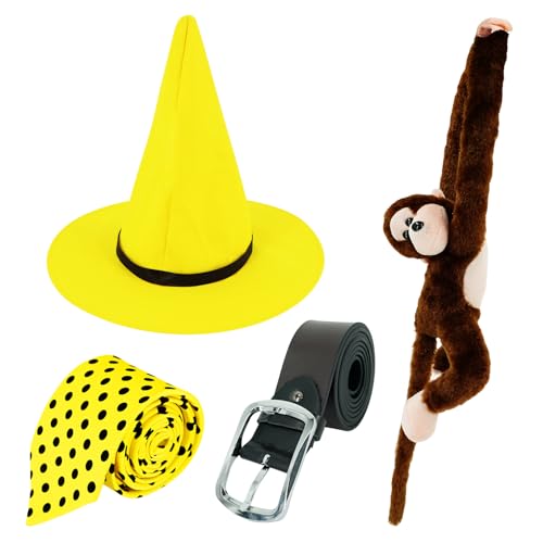 GQWSTP Man In The Yellow Hat Costume Accessories Kit Halloween World Book Day Polka Dot Tie Stuffed Monkey Belt Cosplay Adult