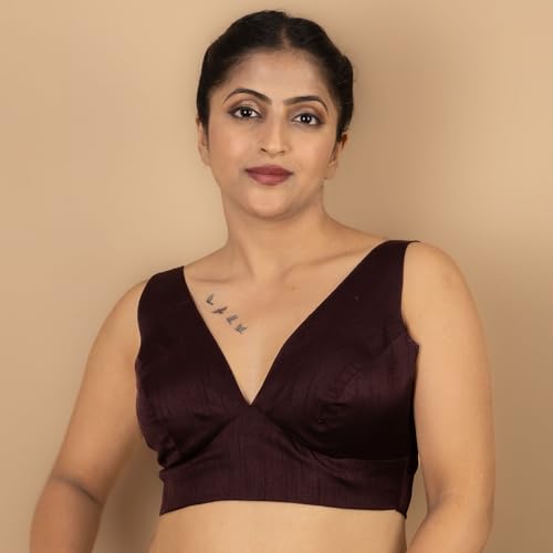 Image of FIGURE'S DESIGNER Women's Dupion Raw Silk Sleeveless V Neck Sabyasachi Cut Readymade Saree Blouse Padded Stitched S4