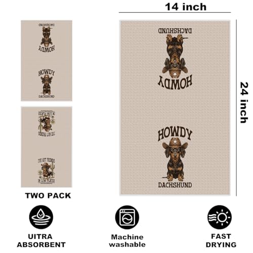 Image of 2 Pcs Western Dachshund Kitchen Towels 24x14 Inch, Preppy Cowboy Dachshund Gifts Reusable Dish Towels for Kitchen Decor, Waffle Weave Absorbent Hand Cloth Tea Towel, Weiner Dog Gifts for Women Friend