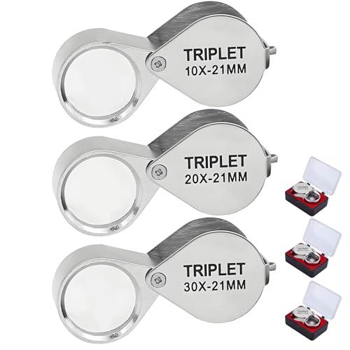 3 Pcs jewellers loupe 10x, 20x & 30x Folding Handheld jewellers magnifying glass, jewelers loop Loupe Magnifier, Ideal for Jewelry Recognition, Scientific Document Study & Book/Newspaper Reading