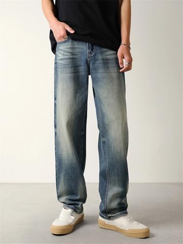 Men’S Retro Loose Straight Stretch Denim Cargo Pants Button Fly Midweight Distressed Elastic Waistband Full Length Jeans3