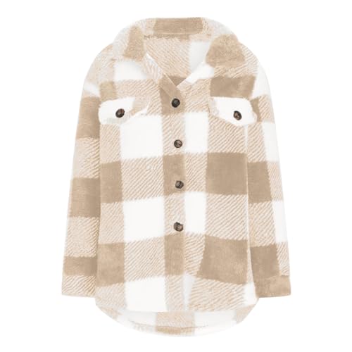 Women's Fuzzy Fleece Plaid Jacket Casual Loose Plus Size Button Down Sherpa Shacket Warm Winter Shearling Coat4