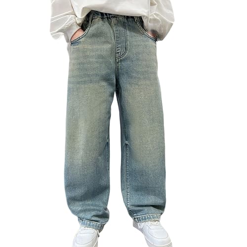 Boys Wide Leg Jeans Baggy Elastic Waist Solid 𝗩intage Straight Leg Denim Pants Fall Streetwear Casual Trousers