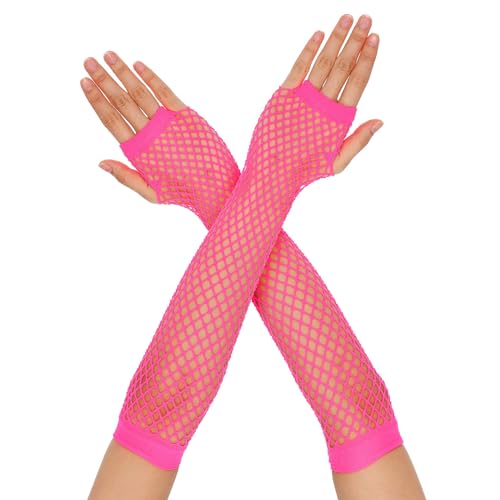 Telooco Fishnet Long Gloves Fingerless Mesh Gloves Fish Net Arm Sleeves 80s Party Cosplay Costume Accessories for Women Girls(Neon Pink)