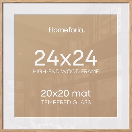 Image of Homeforia 24x24 Wood Picture Frame, High End Natural Oak 24 x 24 Square Light Wooden Poster Frame with Mat 20 by 20 Photo, 24by24 Large Frames Matted to 20x20 Print, Tempered Glass, Wall Kit, Set of 1