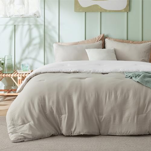 Bedsure Queen Comforter Set, Beige White Soft Prewashed Bedding for