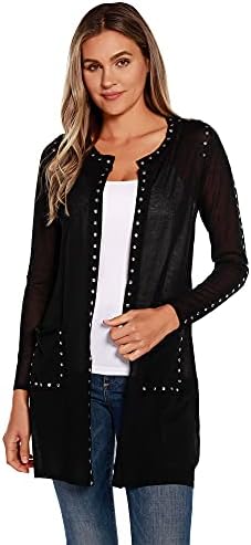 Womens Long Sleeve Cardigan with Front Pockets and Rhinestud Trim Black/Silver