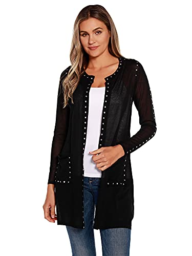 Womens Long Sleeve Cardigan With Front Pockets And Rhinestud Trim Black/Silver #TOP6