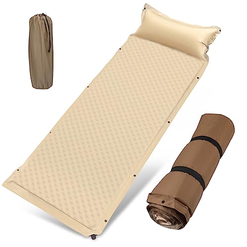 KOMCLUB Camping Sleeping Pad, Ultralight Self Inflating Camping Mat with Pillow Inflatable Lightweight Foam Sleeping Pads Camping Air Mattress for Camping Backpacking Hiking Traveling (Khaki)