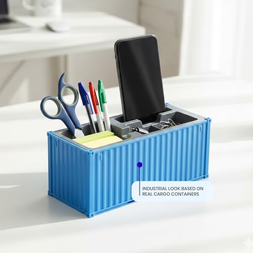 Image of Shipping Container Pen Stand, Container Style Desk Organizer Pen Stand for Office Table Shipping Company (Sky Blue)