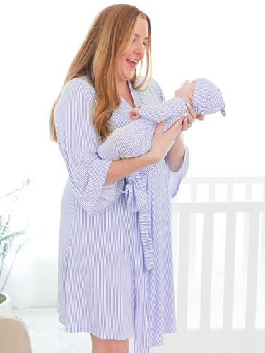 RuffleButts Periwinkle & White Micro Stripe Women's Maternity Robe - One Size2
