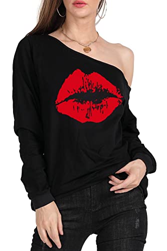 Magicmk Woman’s Sweatershirt Lips Print Causal Blouse Off The Shoulder Long Sleeve Loose Slouchy Pullover (Med, Black/Red) #TOP3