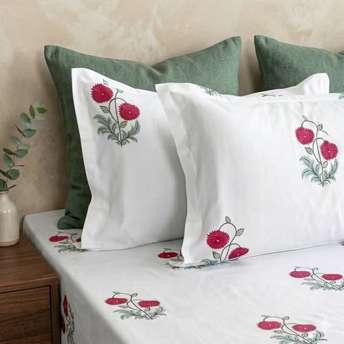 Image of LINENWALAS 100% Cotton 210 TC Double Fitted Sheet with Pillow Cover | 360 Elastic Bedsheet with 14 inch Deep Pocket - Soft Breathable Bedding (72x72 inch, Ruby Flora)