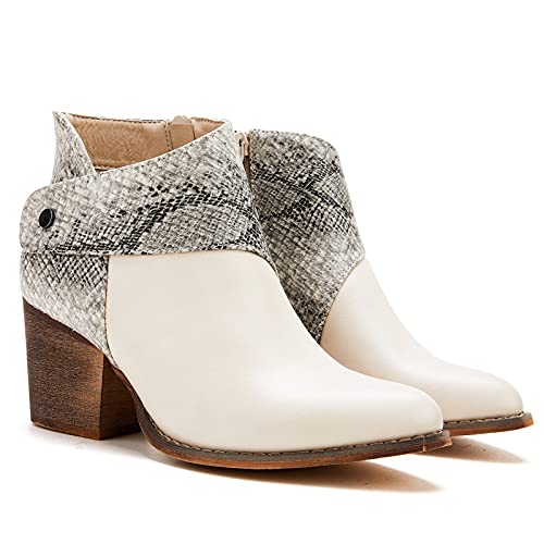 Tinstree Womens Ankle Booties With Heel,Stacked Chunky Heel Ankle Booties Comfy Western Booties V Cutout Boots Western Bootie Snakeskin Patchwork Shoes Slip On V-Cut Boots White,09 #TOP2