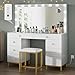 DWVO White Vanity Desk with Large Mirror, Charging Station and LED Lights - Makeup Table Set with 14 Bulbs, Magnifying Glass Drawers and 3 Light Modes, Upgraded