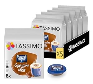Tassimo, 40 Dosettes, Cappuccino goût Choco Maxwell House , Compatibles avec les machines TASSIMO, 40 Cappuccino goût choco, Généreux et Gourmand, 5 packs de 8 dosettes