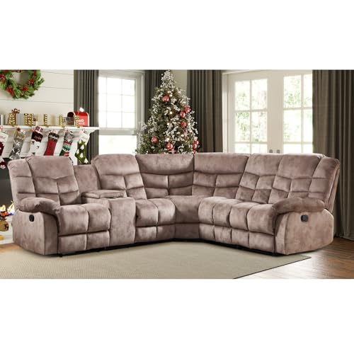 EBELLO Manual Reclining Sectional Sofa Set for Living Room, Soft Fabric Recliner Corner Sectional Couch with Center Console, Cup Holder and Storage, Brown