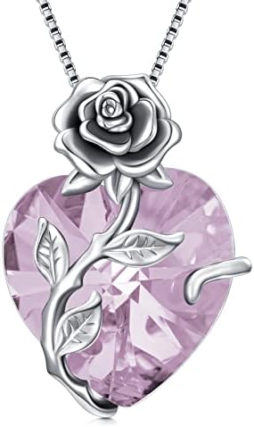 OCJ 925 Sterling Silver Rose Flower Pendant Necklace with Heart Crystal Birthstone Jewelry Birthday Christmas Valentines Mothers Day Gifts for Women Her Wife Girlsfriend