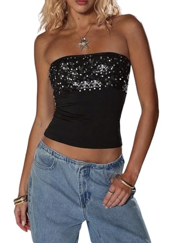 GORGLITTER Pailletten Oberteil Damen Sommer Tops Bandeau Top Mit Pailletten Party Outfit Glitzer Top Rückenfreie Crop Tops Festival Outfit Schwarz L