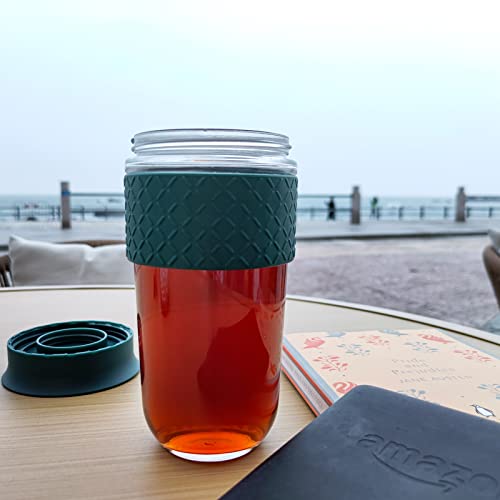 Hy3 Reusable Coffee Cup, 18 Oz Clear Glass Travel Mug With Flip-Open Lid, 100% Bpa Free, Microwave Safe, Anti-Slip Silicone Sleeve (Pink) #TOP4