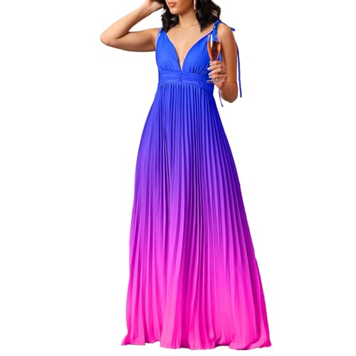 Amazon.com: 2025 Women's Gradient Color Deep V Neck Evening Gown Sexy  Spaghetti Straps High Waist Pleated Hem Maxi Party Dress(Blue,Small) :  Clothing, Shoes & Jewelry