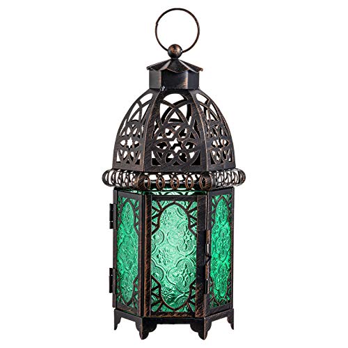 NEEDOMO Hanging Moroccan Lantern, 12.8'' Vintage Candle Holder, Metal Lanterns Decorative Indoor Outdoor, Table, Patio, Porch, Shelf, Gothic Home Decor (Green, Large Size)