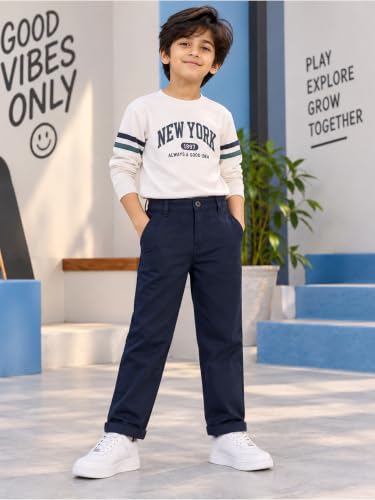 Image of KiddoPanti Boys 100% Cotton Twill Chinos Pant | Comfortable Regular Fit | 2 Side Pocket, 2 Back Pocket | Ankle Length | Back Elasticated Waistband with Button Zip Open Fly