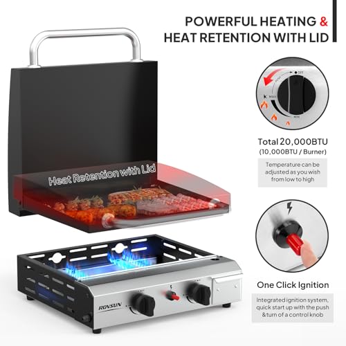 ROVSUN 2 Burner Portable Propane Griddle with Electronic Ignition & Regulator, 20,000 BTU Tabletop Flat Top Gas Grill with Enameled Tray & Lid for Outdoor Cooking Camping BBQ Tailgating Picnicking — view 2