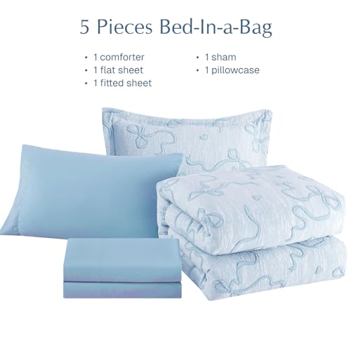 Image of Twin Bedding Sets for Girls - 5 Pieces Bow Bedding Set Twin Comforter Set | Jacquard Cottage Core Bedding Sets, All Season Bed in a Bag with Comforter, Sheets, Pillowcases & Shams, Light Blue